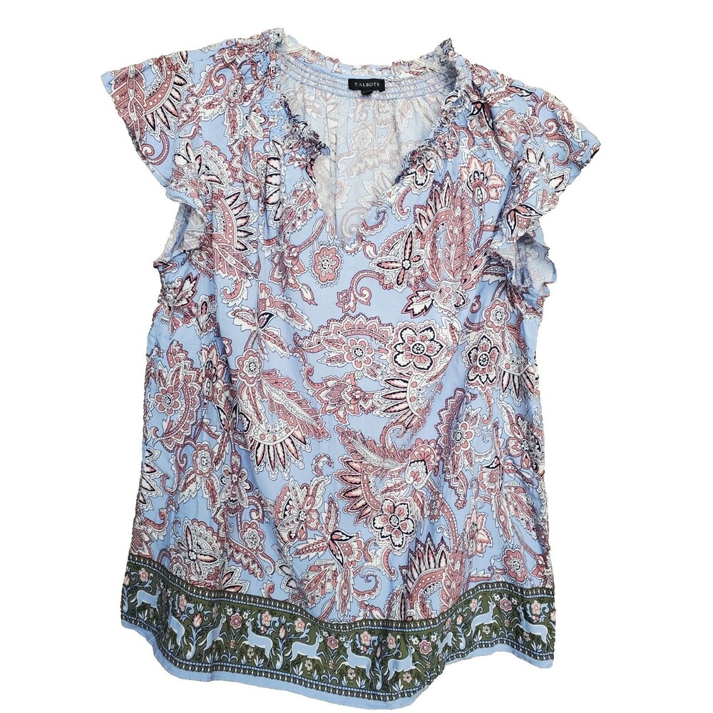 Talbots Rayon Paisley Leaping Gazelle Border Print Smocked Neckline Top Size LGE